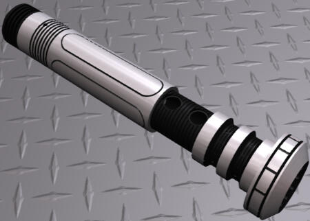 Calcifer/Desolorn's trusty Lightsaber. Utilizing an extremely rare Pontite crystal with a dark core, the blade of this particular Lightsaber is black with a [light blue]{#6ee2ff} glow.