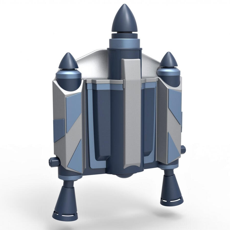 Standard jetpack w/ missile launcher. Attached to armor via heavy magnet. Can be safely detached should jetpack malfunction.